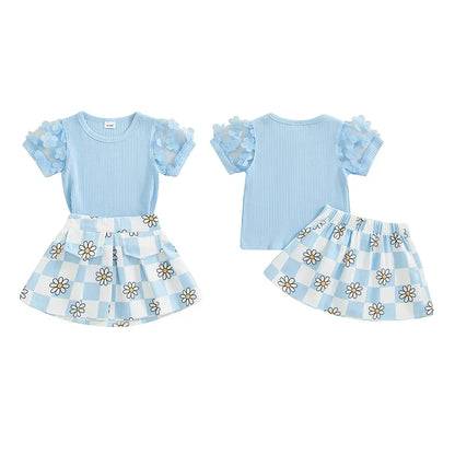 Toddler Kids Girls 2Pcs Summer Outfit Mesh Flower Sleeve Ribbed Top Floral Checker Print Skirt Set