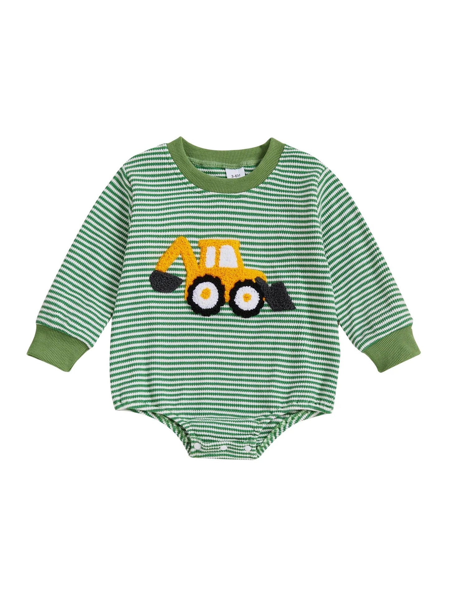 Baby Boy Fall Bubble Romper Casual Digger Tractor Embroidery Striped Long Sleeve Jumpsuit Infant Cute Outfit
