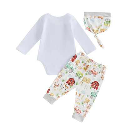 Baby Boys Girls 3Pcs New To The Farm Long Sleeve Crew Neck Letter Barn Print Romper with Animal Print Long Pants and Hat Set