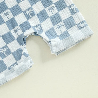 Baby Boy Romper Summer Short Sleeve Round Neck Checkered Tree Print Jumpsuit Playsuit