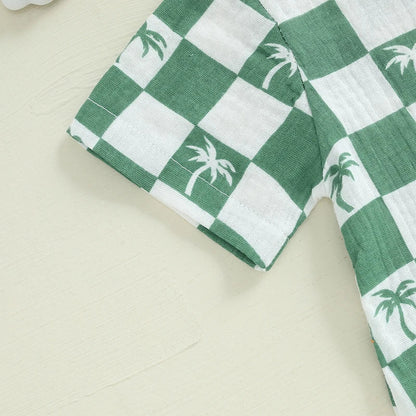 Baby Boy Romper Summer Short Sleeve Round Neck Checkered Tree Print Jumpsuit Playsuit