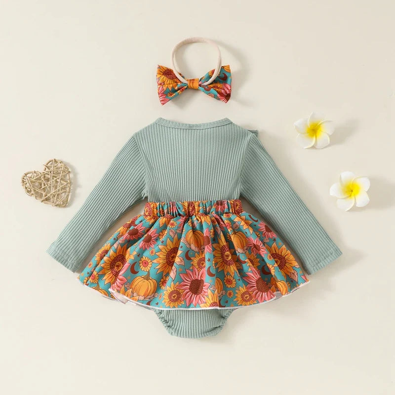 Baby Toddler Girls 2Pcs Fall Outfit Flower Print Ruffle Trim Long Sleeve Romper Dress Skirt Bow Headband Set