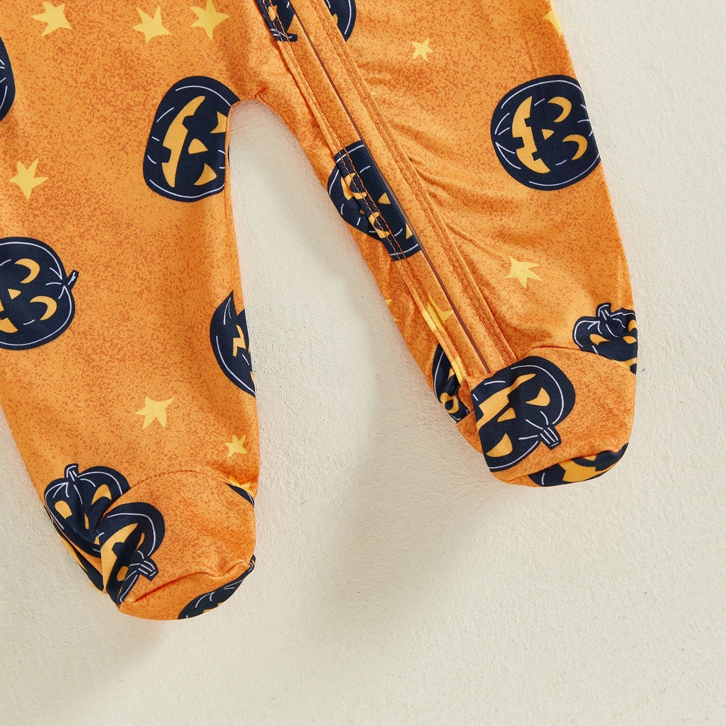 Baby Boy Girl 2Pcs Halloween Footed Zipper Romper Pumpkin Print Long Sleeve Round Neck Zip Jumpsuit with Hat Set