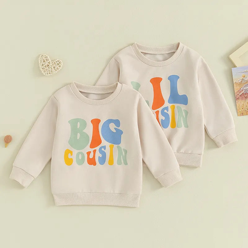 Baby Toddler Kids Girls Boys Matching Outfits Letter Print Big Lil Cousin Long Sleeve Crewneck Top