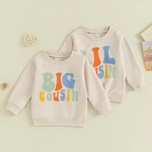 Baby Toddler Kids Girls Boys Matching Outfits Letter Print Big Lil Cousin Long Sleeve Crewneck Top