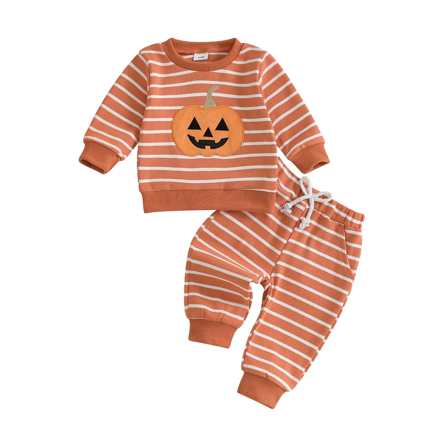 Baby Toddler Boys 2Pcs Halloween Outfit Stripe Pumpkin Embroidery Long Sleeve Top and Long Jogger Pants Clothes Set