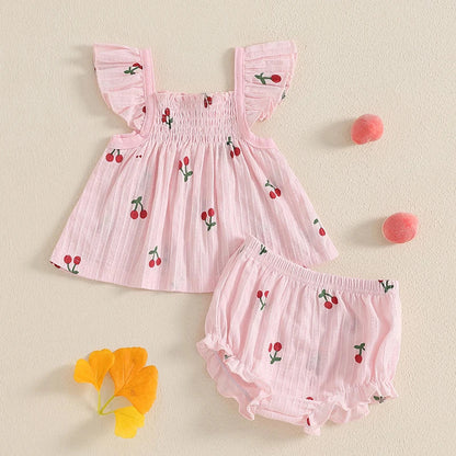Baby Toddler Girl 2Pcs Shorts Set Cherry Print Fly Sleeve Babydoll Top Elastic Waist Ruffle Shorts Summer Outfit