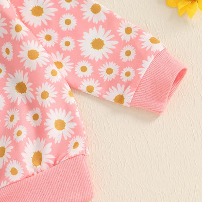 Baby Toddler Girls 2Pcs Fall Outfit Daisy Flower Print Long Sleeve Crewneck Top and Elastic Pants Jogger Set