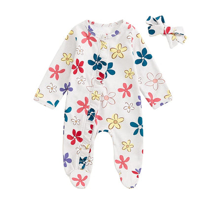 Baby Girls 2Pcs Long Sleeve Strawberry Flower Butterfly Print Frills Zipper Footies Jumpsuit and Headband Romper Set