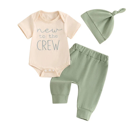Baby Boy 3Pcs New To The Crew Outfit Letter Short Sleeve Romper with Solid Color Pants and Hat Set