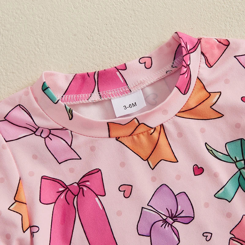 Baby Toddler Kids Girls 2Pcs Summer Outfit Bow Print Crew Neck Short Sleeve T-Shirt Top Frilly Shorts Clothes Set