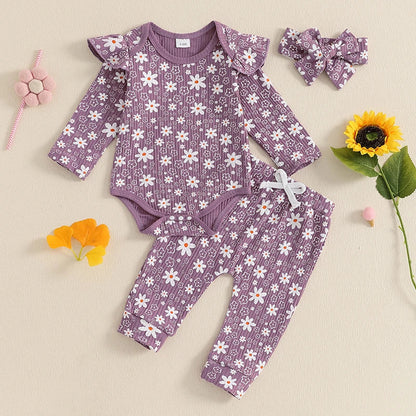 Baby Girl 3Pcs Spring Fall Outfit Floral Print Long Frill Sleeve Romper Long Flower Pants Headband Set