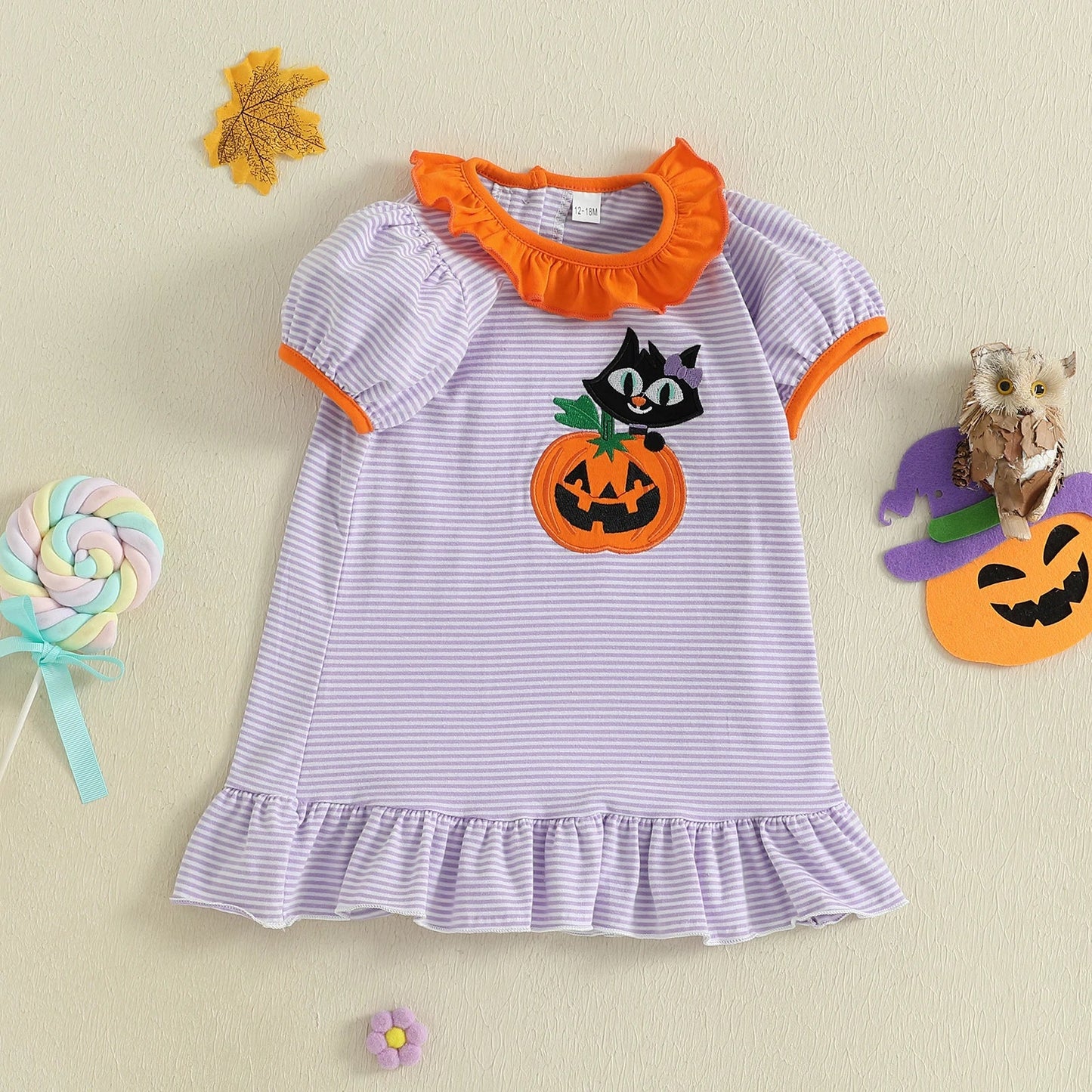 Baby Toddler Kids Girl Halloween Striped Dress Pumpkin Black Cat Embroidered Short Sleeve Ruffled Dress Cute Fall Clothes