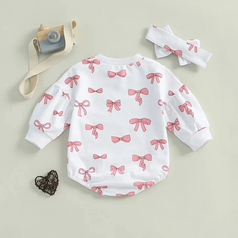 Baby Girl 2Pcs Fall Outfit Bow Print Crew Neck Long Sleeve Bubble Romper Tie-up Headband Set