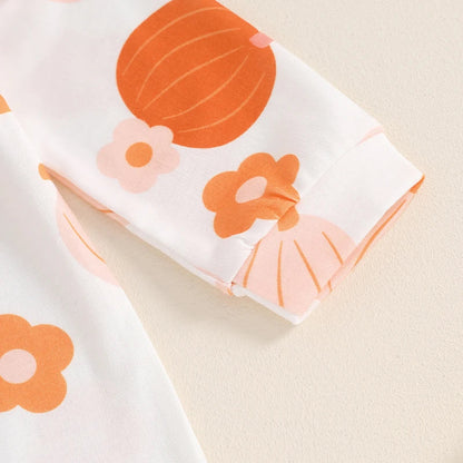 Baby Girls 2Pcs Fall Outfit Long Sleeve Pumpkin Flower Print Jumpsuit with Headband Halloween Clothes Romper Set