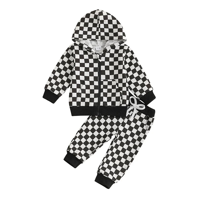 Baby Toddler Boy 2Pcs Checkered Outfit Long Sleeve Zip Up Hoodie Elastic Waist Pants with Pockets Jogger Set