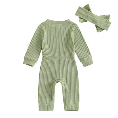 Baby Girls 2Pcs Fall Outfit Long Sleeve Round Neck Ribbed Full Leg Jumpsuit with Headband Set