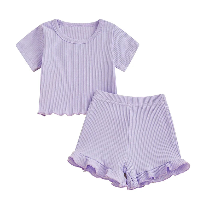 Baby Toddler Girls 2Pcs Ribbed Outfit Solid Color Short Sleeve T-Shirt Top Elastic Waist Ruffle Shorts Set