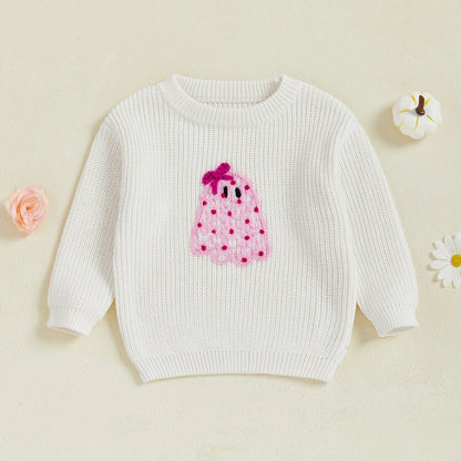 Baby Toddler Kids Girl Halloween Sweater Long Sleeve Round Neck Ghost Flower Embroidery Knit Pullover Top
