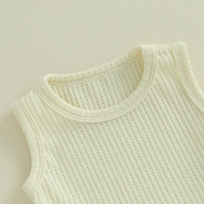 Baby Toddler Girl 2Pcs Summer Outfit Solid Waffle Round Neck Ruffled Tank Top with Long Pants Set