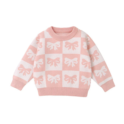 Baby Toddler Girls Sweater Bow Print Contrast Color Checkered Crew Neck Long Sleeve Baby Pullover Fall Top