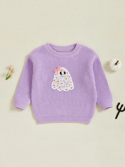 Baby Toddler Kids Girl Halloween Sweater Long Sleeve Round Neck Ghost Flower Embroidery Knit Pullover Top