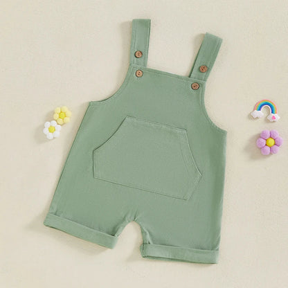 Baby Toddler Boys Girls Overalls Tank Sleeveless Square Neck Front Pocket Suspender Shorts Romper