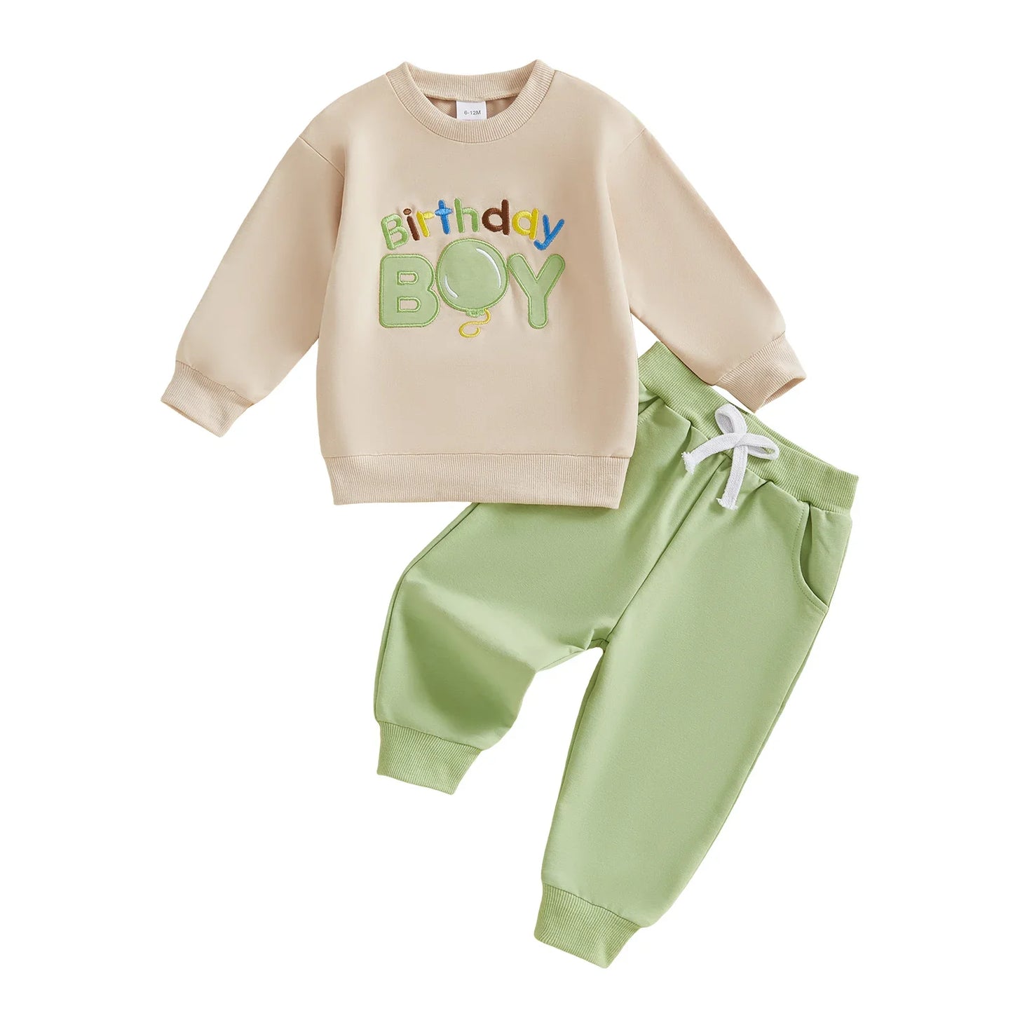 Baby Toddler Boy 2Pcs Birthday Boy Outfit Letter Ballon Embroidery Long Sleeve Pullover Crewneck Top Elastic Waist Solid Pants Jogger Set