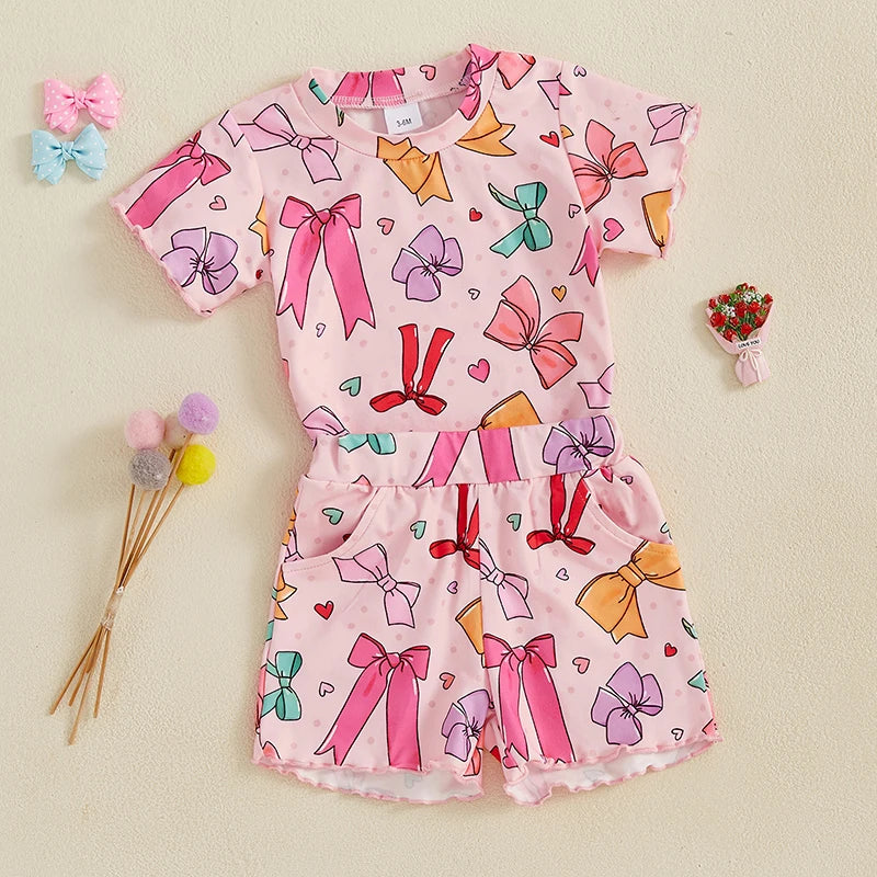 Baby Toddler Kids Girls 2Pcs Summer Outfit Bow Print Crew Neck Short Sleeve T-Shirt Top Frilly Shorts Clothes Set