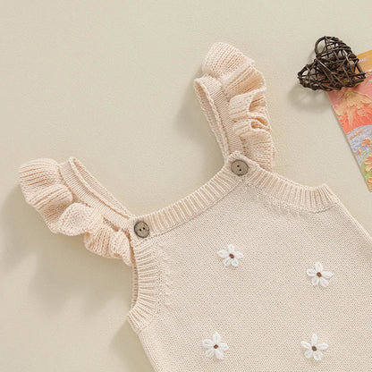 Baby Toddler Girls Knitted Romper Spring Summer Ruffles Floral Embroidery Flowers Jumpsuits Playsuits Clothes