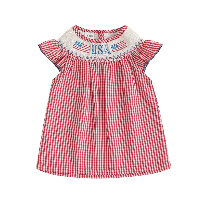 Baby Toddler Girls 4th of July Dress Loose Fit Plaid American Flag Embroidery Smocked Crew Neck Flying Sleeve Dress
