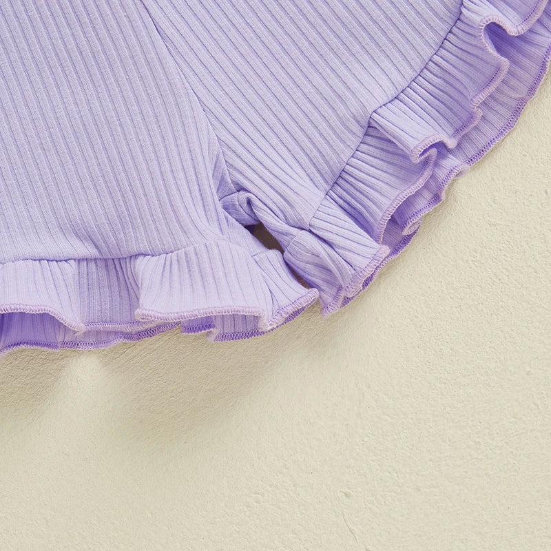 Baby Toddler Girls 2Pcs Ribbed Outfit Solid Color Short Sleeve T-Shirt Top Elastic Waist Ruffle Shorts Set