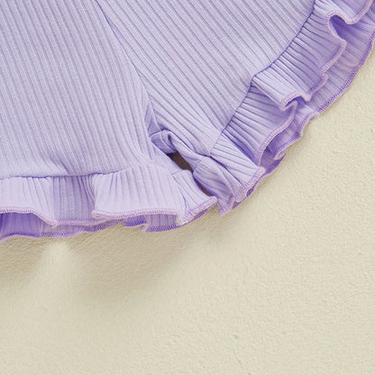 Baby Toddler Girls 2Pcs Ribbed Outfit Solid Color Short Sleeve T-Shirt Top Elastic Waist Ruffle Shorts Set