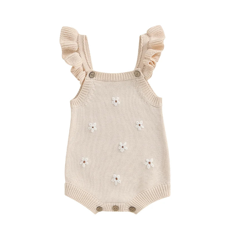 Baby Toddler Girls Knitted Romper Spring Summer Ruffles Floral Embroidery Flowers Jumpsuits Playsuits Clothes