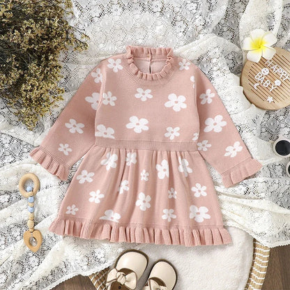 Baby Toddler Girl Long Sleeve Flower Floral Print Ruffle Sweater A-Line Dress