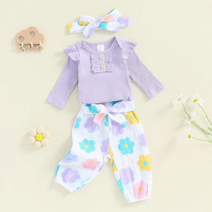 Baby Girls 3Pcs Fall Outfit Long Sleeve Ribbed Romper + Floral Flower Print Pants + Headband Set