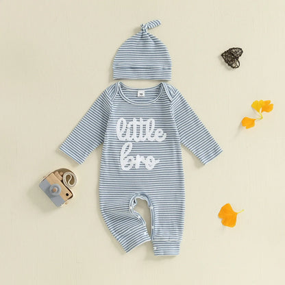 Baby Boys 2Pcs Autumn Striped Jumpsuit Long Sleeve Crewneck Letter Little Bro Embroidery Romper with Hat Set