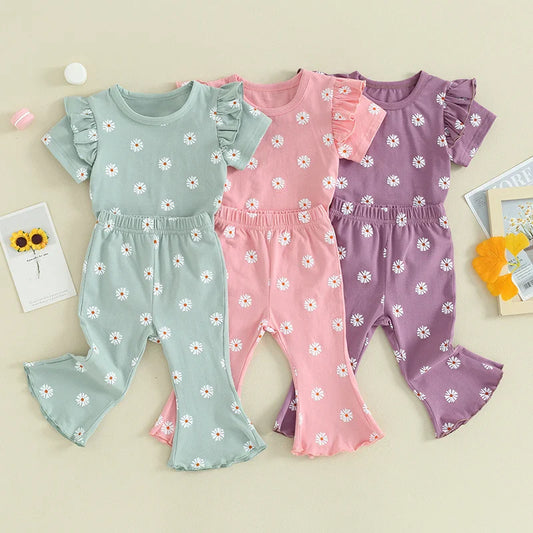 Toddler Kids Girl 2Pcs Summer Outfit Ruffle Short Sleeve Floral Flowers Print Top + Bell Bottom Pants Set Clothes