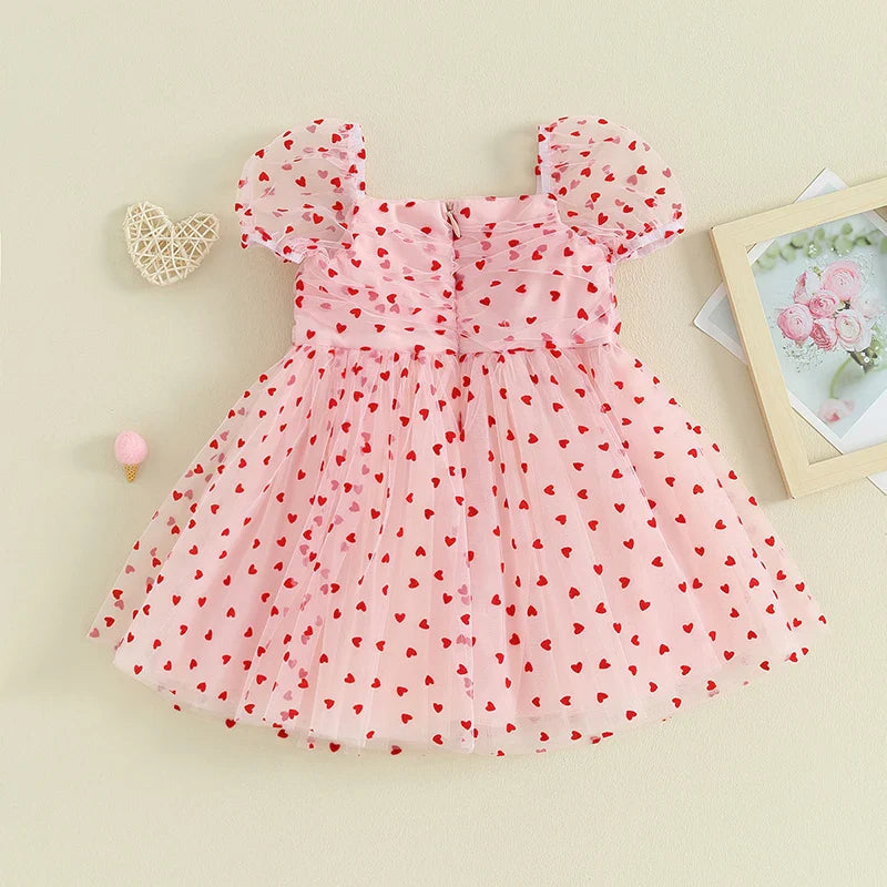 Baby Toddler Girl Valentine’s Day Dress Heart Print Short Puff Sleeve Tulle Princess