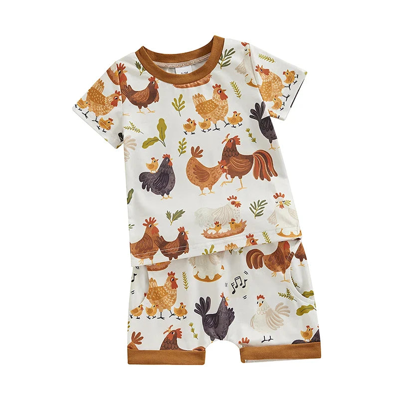 Toddler Baby Boy 2Pcs Farm Clothes Chickens Animals Print Shirt Shorts Outfit Set