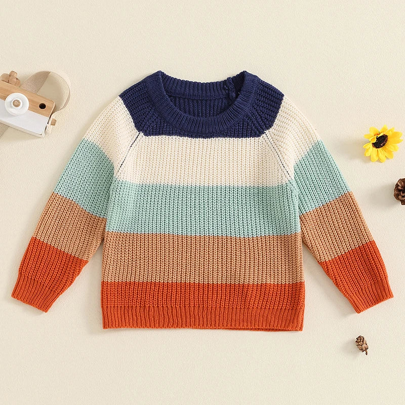 Baby Toddler Boys Girls Sweater Casual Contrast Color Stripes Warm Knitted Long Sleeve Pullover Top