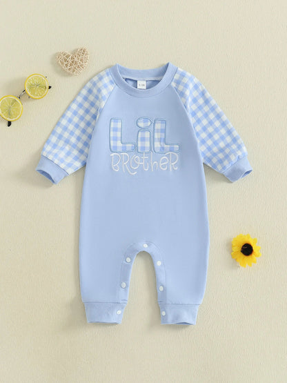 Baby Toddler Boy Lil Brother Fall Romper Plaid Print Letter Embroidery Long Sleeve Round Neck Full Length Jumpsuit