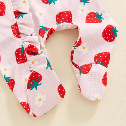 Baby Girls 2Pcs Long Sleeve Strawberry Flower Butterfly Print Frills Zipper Footies Jumpsuit and Headband Romper Set