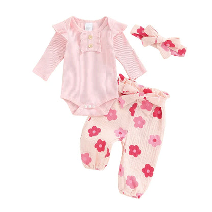 Baby Girls 3Pcs Fall Outfit Long Sleeve Ribbed Romper + Floral Flower Print Pants + Headband Set