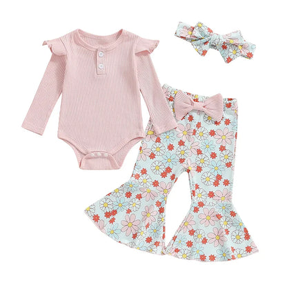 Baby Girls 3Pcs Fall Outfit Ruffle Ribbed Long Sleeve Romper Flower Flare Pants Tie Headband Set