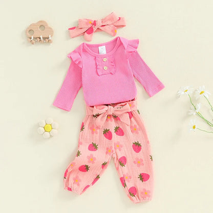 Baby Girls 3Pcs Fall Outfit Long Sleeve Ribbed Romper + Floral Flower Print Pants + Headband Set