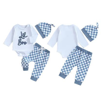 Baby Boys Girls 3Pcs Lil Bro / Sis Fall Outfit Letter Embroidery Long Sleeve Romper Checkered Print Pants Beanie Hat Set