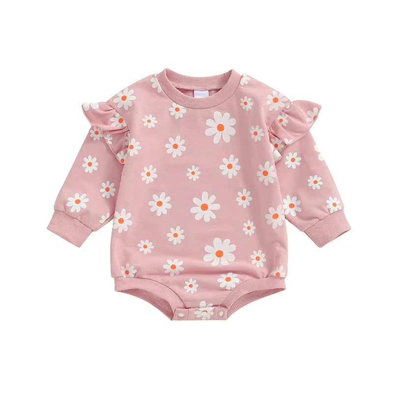 Baby Girl Bubble Romper Flower Daisy Print Round Neck Long Sleeve Jumpsuit