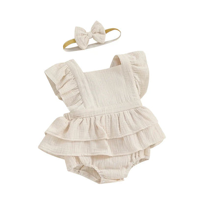 Baby Girls 2Pcs Romper Dress Solid Color Fly Sleeve Skirt Hem Tank Top Bodysuit Summer Clothes with Headband Set
