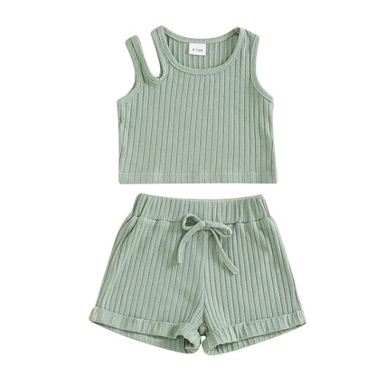 Baby Toddler Girls 2Pcs Ribbed Tank Top Elastic Waistband Drawstring Shorts Matching Outfit Set